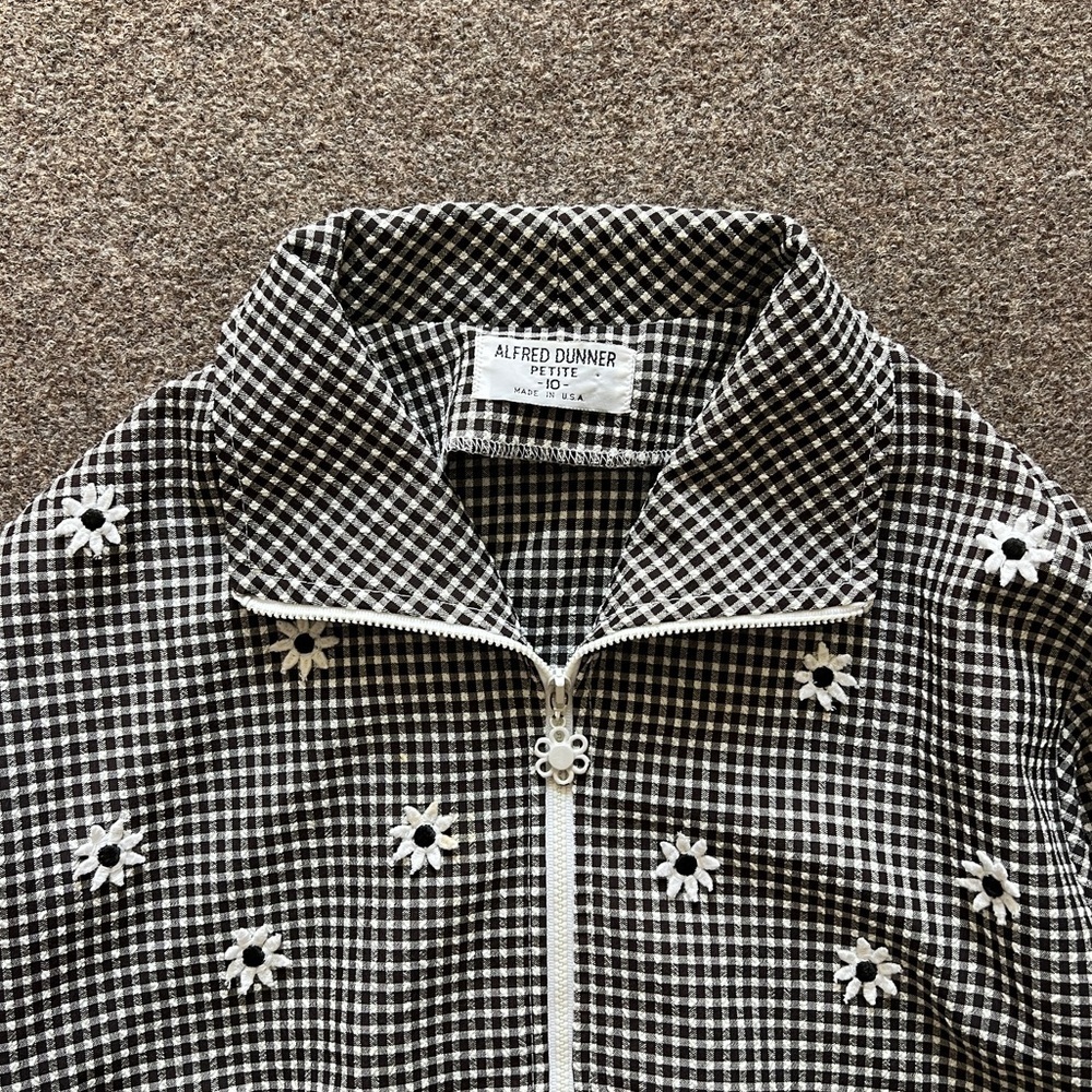 Vintage Zip Up Bomber Jacket Black White Gingham Flowers Lightweight Womens 10 - Picture 6 of 13